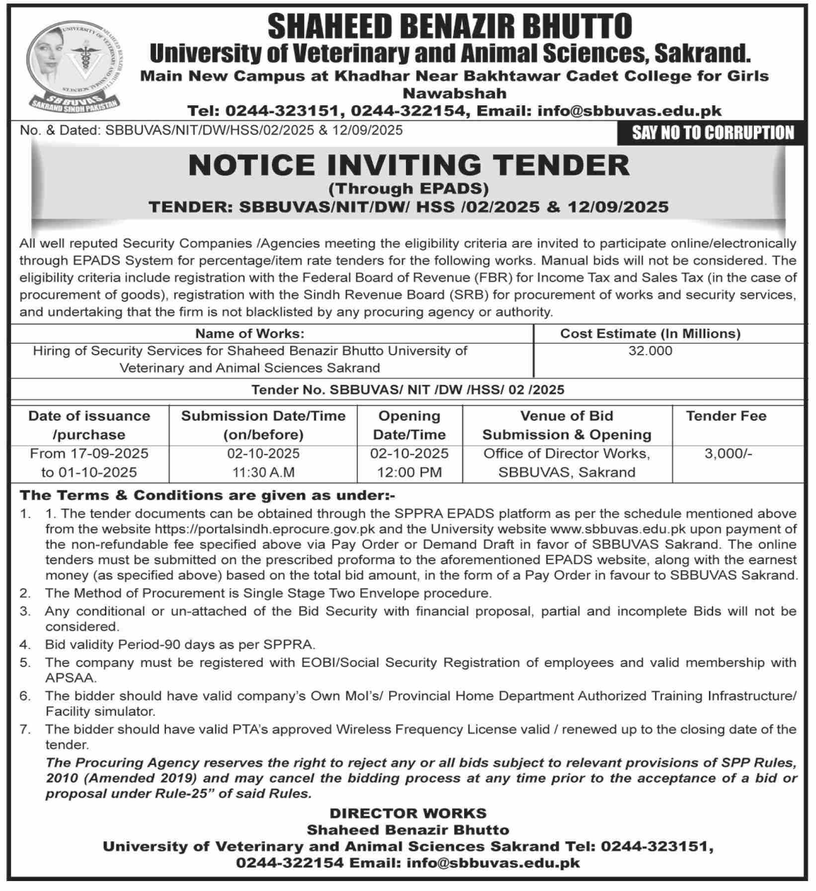 Shaheed Benazir Bhutto University of Veterinary & Animal Sciences Sakrand Tender Notice